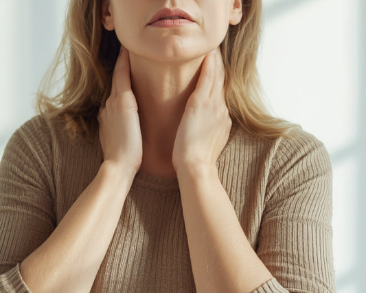 woman holding their thyroid.